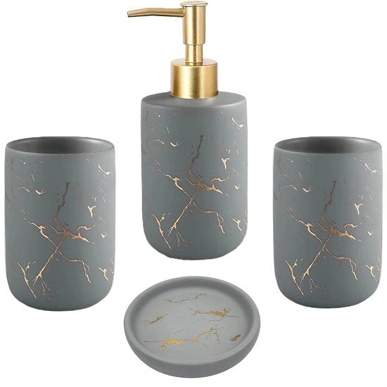 Set da bagno in ceramica 4 pezzi - accessori da bagno eleganti e lussuosi con dispensatore di sapone, contenitore di sapone e 2 bicchieri per spazzolino da denti - finitura marmo.