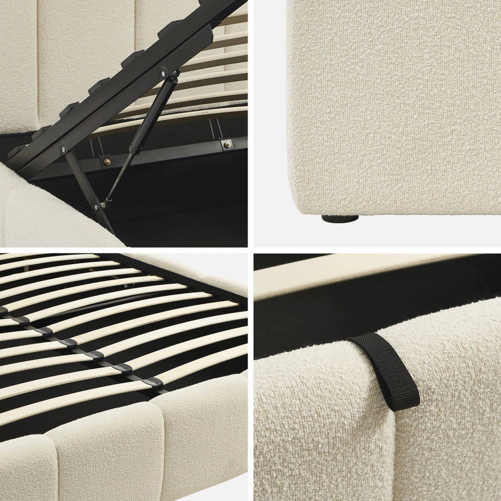 Letto contenitore con rete a doghe e testiera 160x200cm, bouclé ,