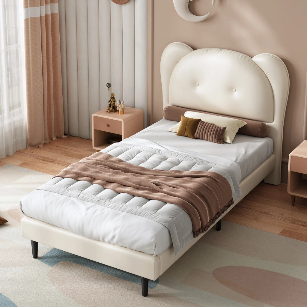 Letto per Bambini 90x200 cm; Letto Singolo - Testiera a Forma di Animale - PU - Beige