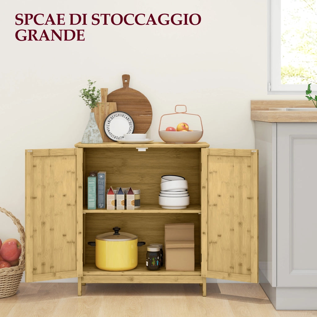 Credenza Stile Boho in Rattan e Bamb¨´ con 2 Ante e Mensola Interna, 60x27x67.5cm, Colore Legno
