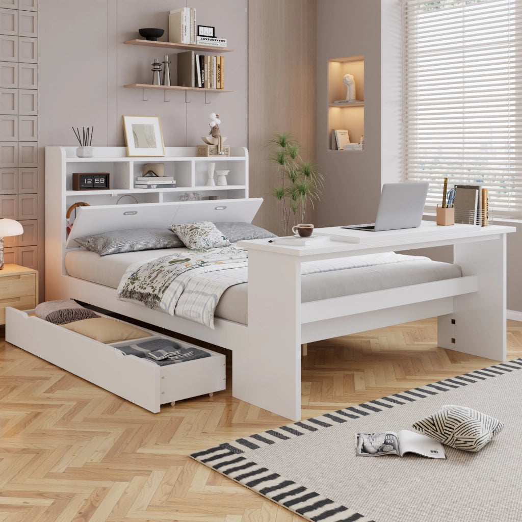Letto con Cassetti 140 x 200 cm; Letto Matrimoniale - Tavolo Pieghevole e Mensole - Bianco