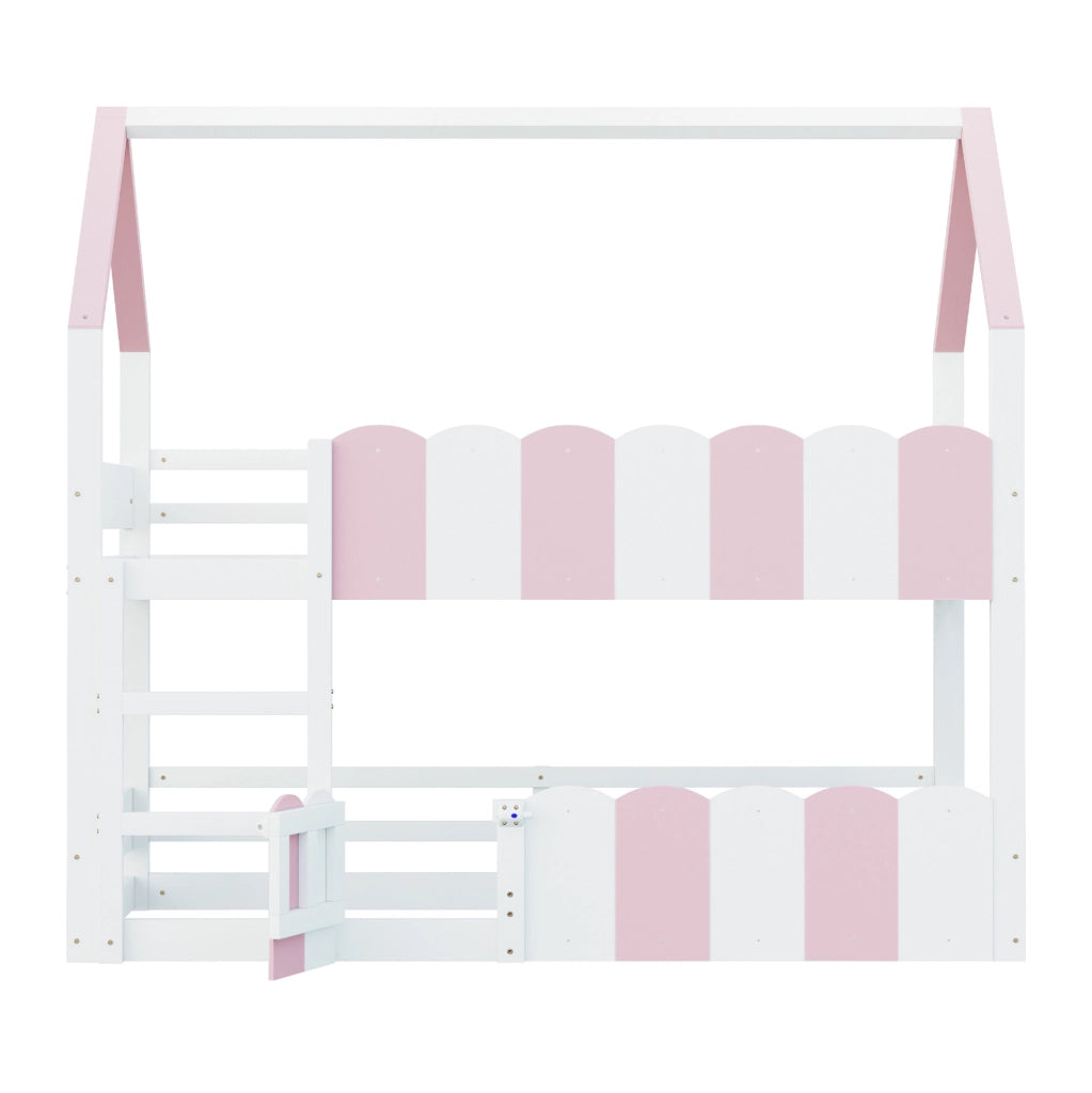 Letto a castello per bambini 90x200 cm a casetta con protezioni; rosa e bianco