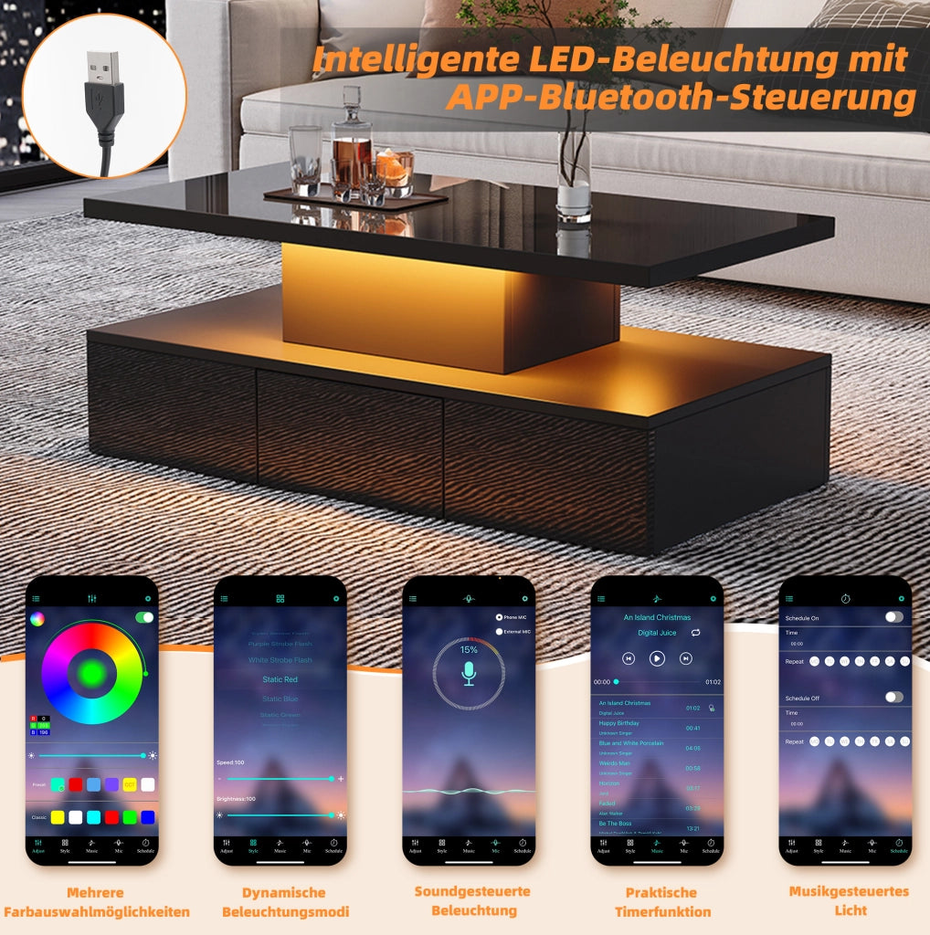 Tavolino da caffè LED nero con cassetto e ripiano, 100x50x39 cm