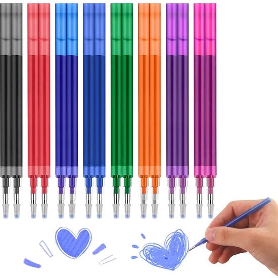 16 set di pennarelli per matite a sfera cancellabili, compatibili con FriXion Ball, Clicker, Slim e Faber, diametro 0,7 mm, lunghezza 11 cm, 8 colori: blu, nero, rosso, verde, viola, magenta, arancione