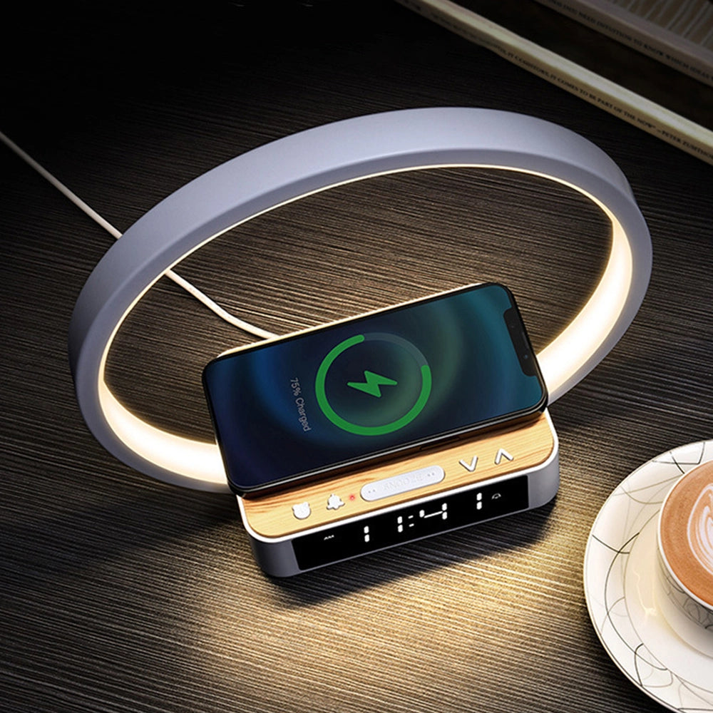Lampada da comodino LED con sveglia, display orario e ricarica wireless Qi