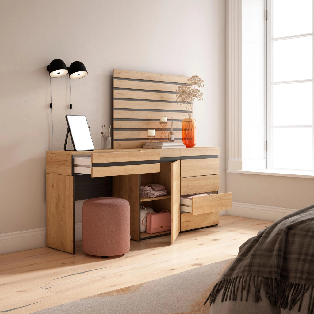 Tavolo da toeletta, 177x35x145cm, Con cassetto, Cassettiera, Pannelli Decorativi, colore Rovere RF3479