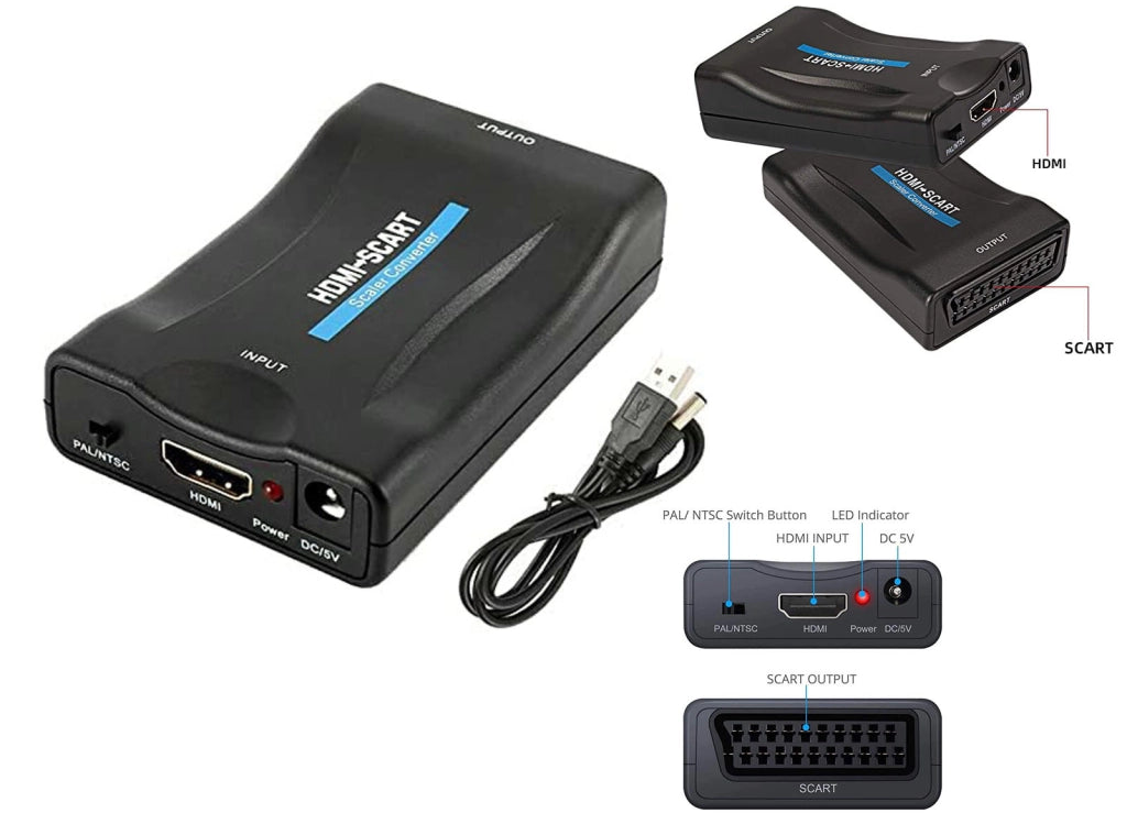 Convertitore da HDMI a SCART Analogico Adattatore di formato PAL/NTSC, adattatore video 1080P per HDTV STB Xbox PS3 Sky DVD Blu-ray