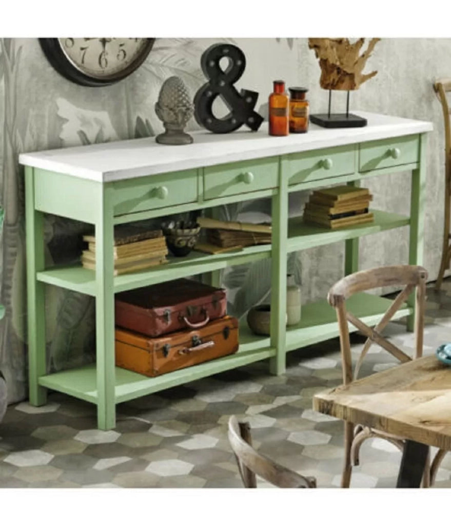 Bancone 4 cassetti 2 ripiani shabby verde in legno massello 200x50x105 - Mobili 2G