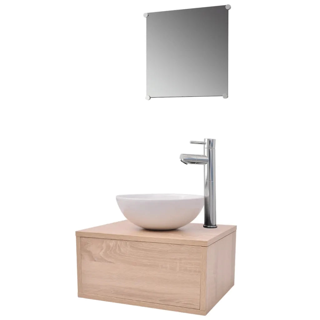 Set Mobili da Bagno | Armadio da bagno 4 pz con Lavabo e Rubinetto Beige