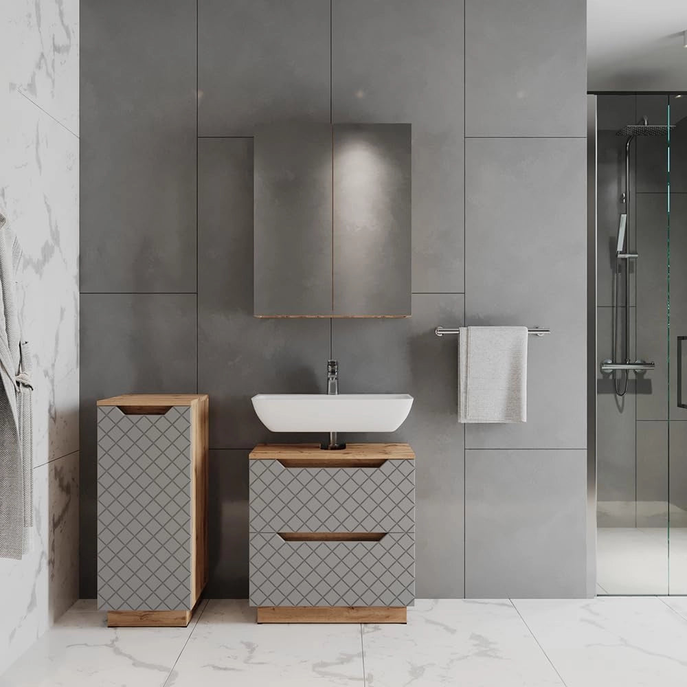 Set di mobili da bagno Lotta, Rovere/grigio con struttura in piastrelle, 3 parti