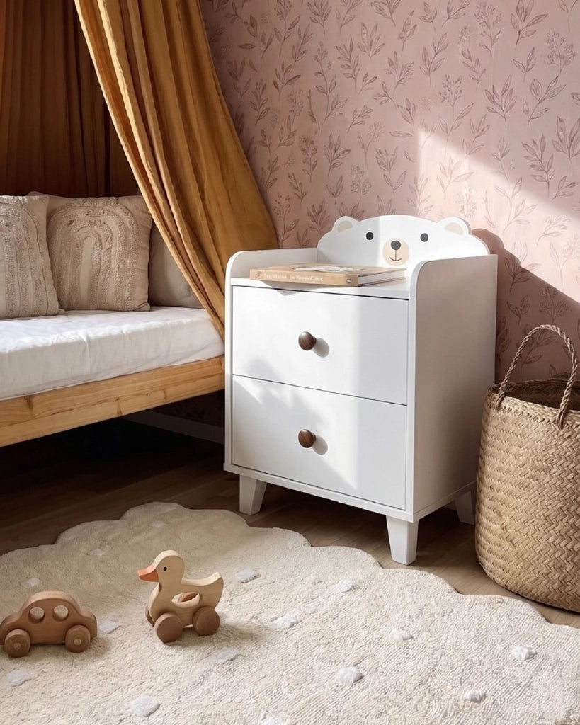 Comodino da Notte per Bambini Stile Scandinavo Tema Animale Bianco in MDF e Gambe in Legno di Pino