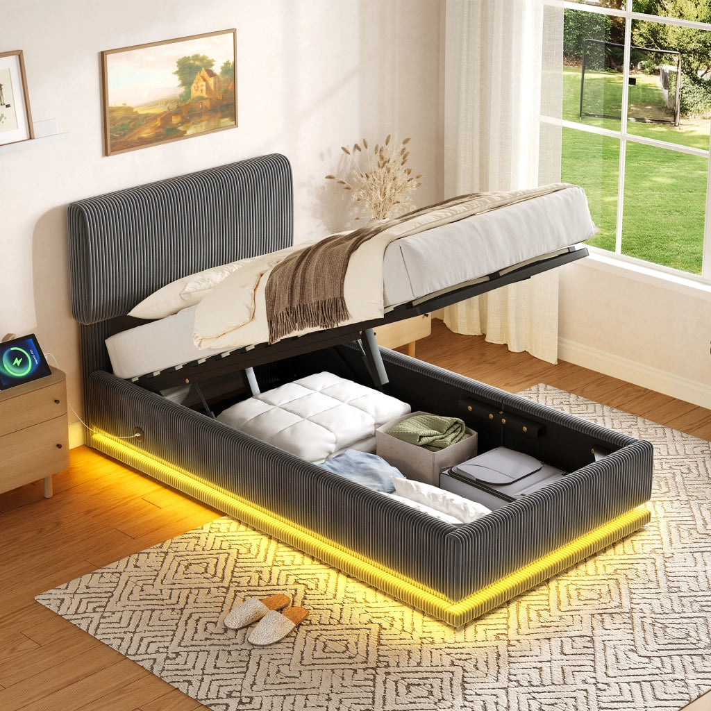 LETTO imbottito 90x200 cm Grigio scuro in Corduroy con testiera regolabile