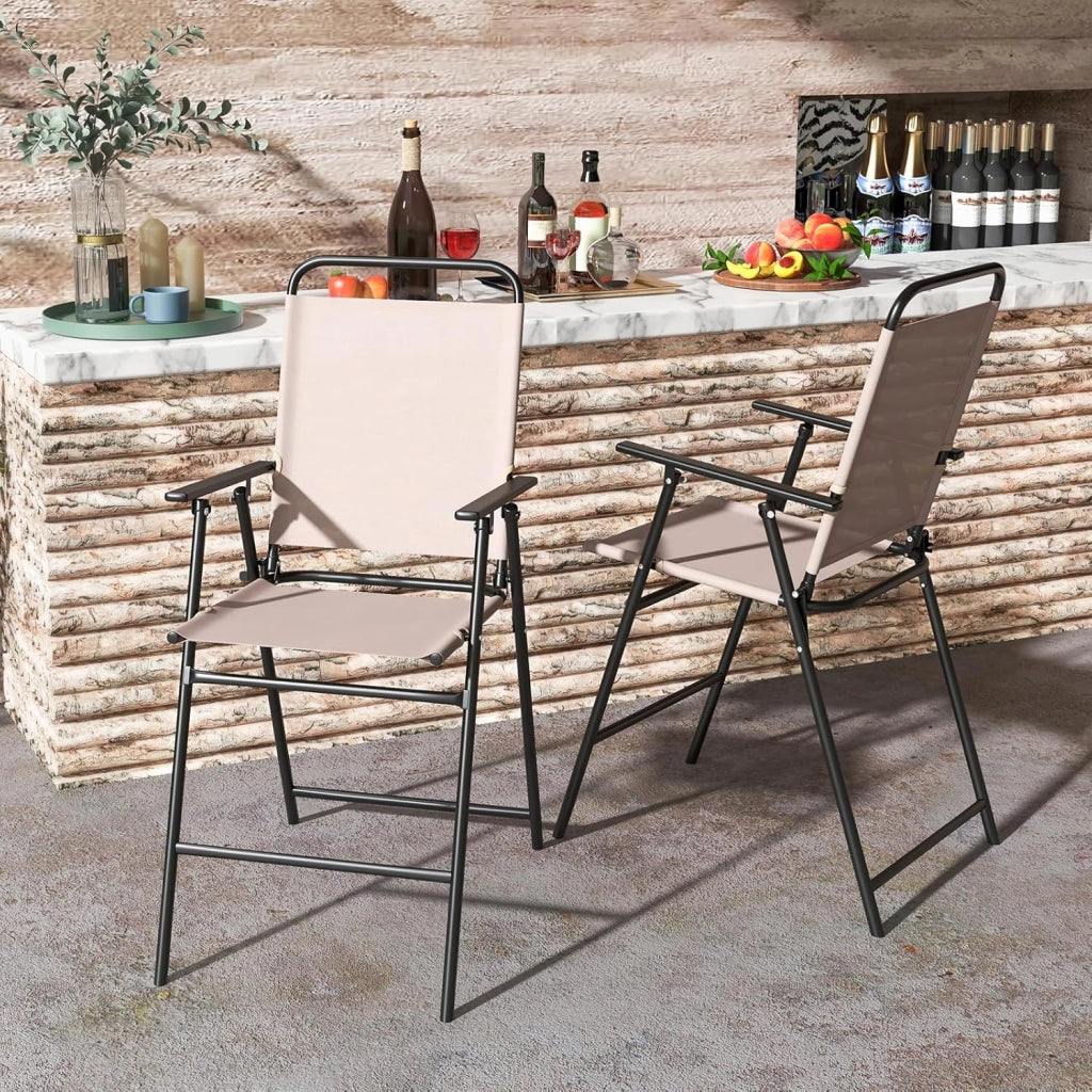 Set di 2 sedie pieghevoli per esterni, con schienale e braccioli, poggiapiedi e telaio in metallo, con tessuto traspirante, per balcone, terrazza, giardino, beige