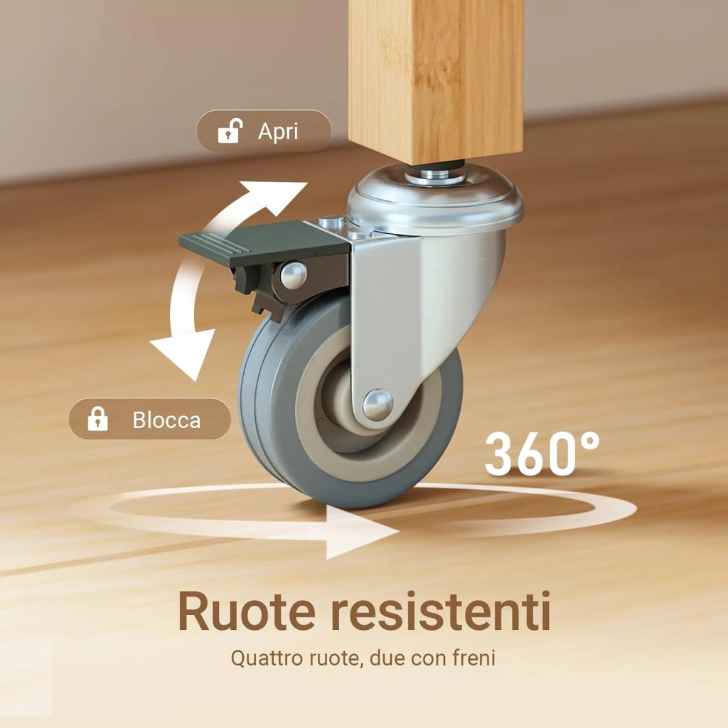 Carrello da Cucina in Bambù Carbonizzato – Carrello Cucina in Legno con Ruote, Antibatterico, Resistente all’Umidità, Inodore, Ideale per Cucina, Sala da Pranzo e Casa 58×40×86 cm FKW135-N