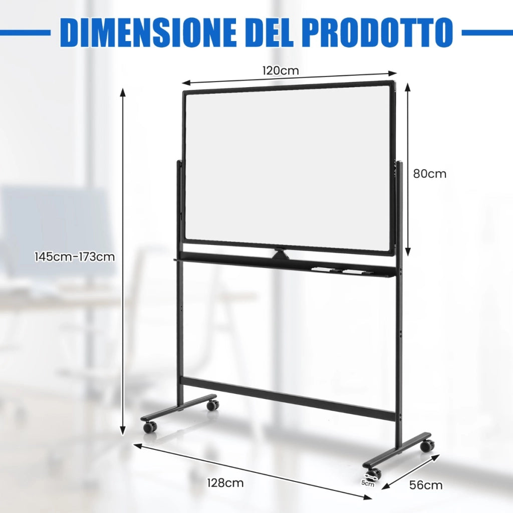 Lavagna bianca regolabile in 2 altezze con ruote pennarelli cancellino magneti, Lavagna a secco reversibile 173cm Nero-Lavagne