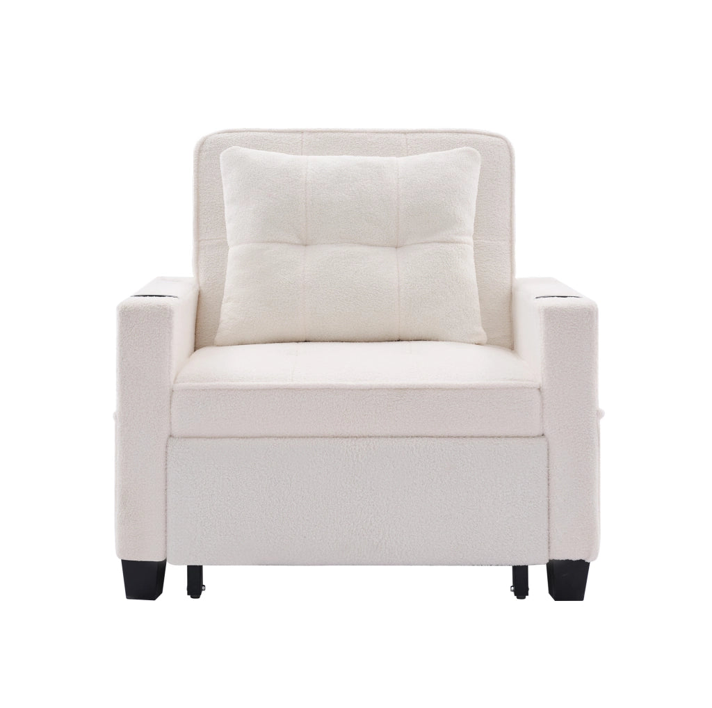Poltrona letto 3 in 1 87x74x84 cm bianca con USB e portabicchieri, legno e metallo