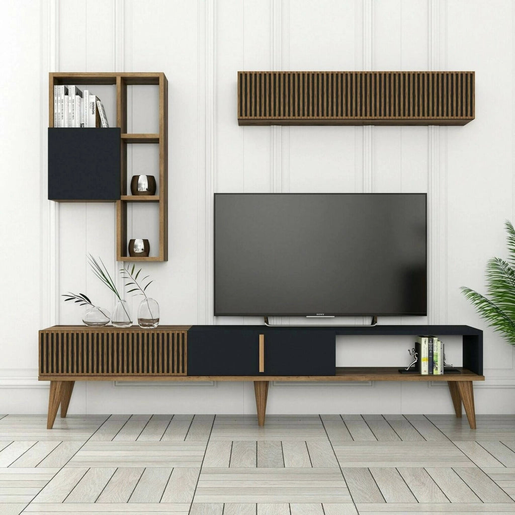 Parete attrezzata Ostro, Composizione soggiorno, Mobile salotto multiuso, Armadio porta TV, 180x35h40 cm, Noce e Antracite