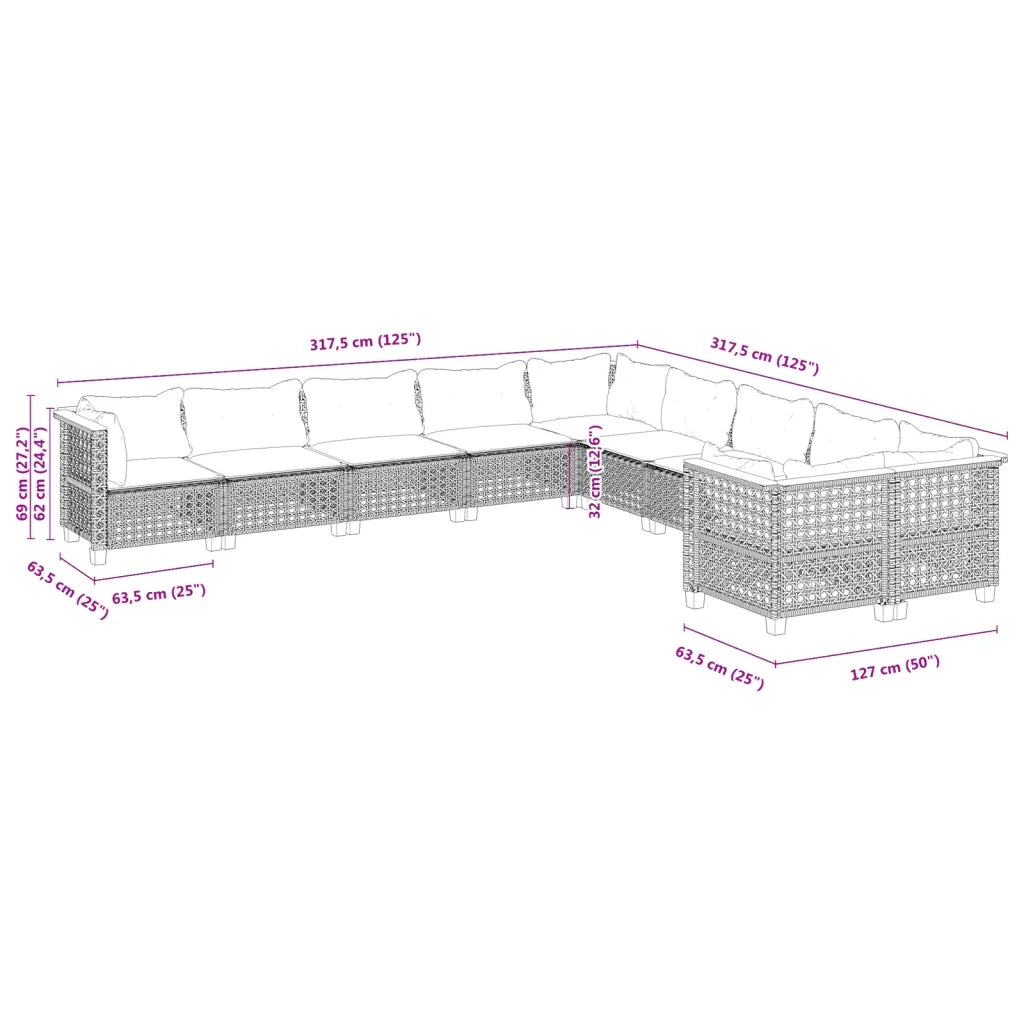 Set Divani da Giardino 10pz con Cuscini in Polyrattan Nero