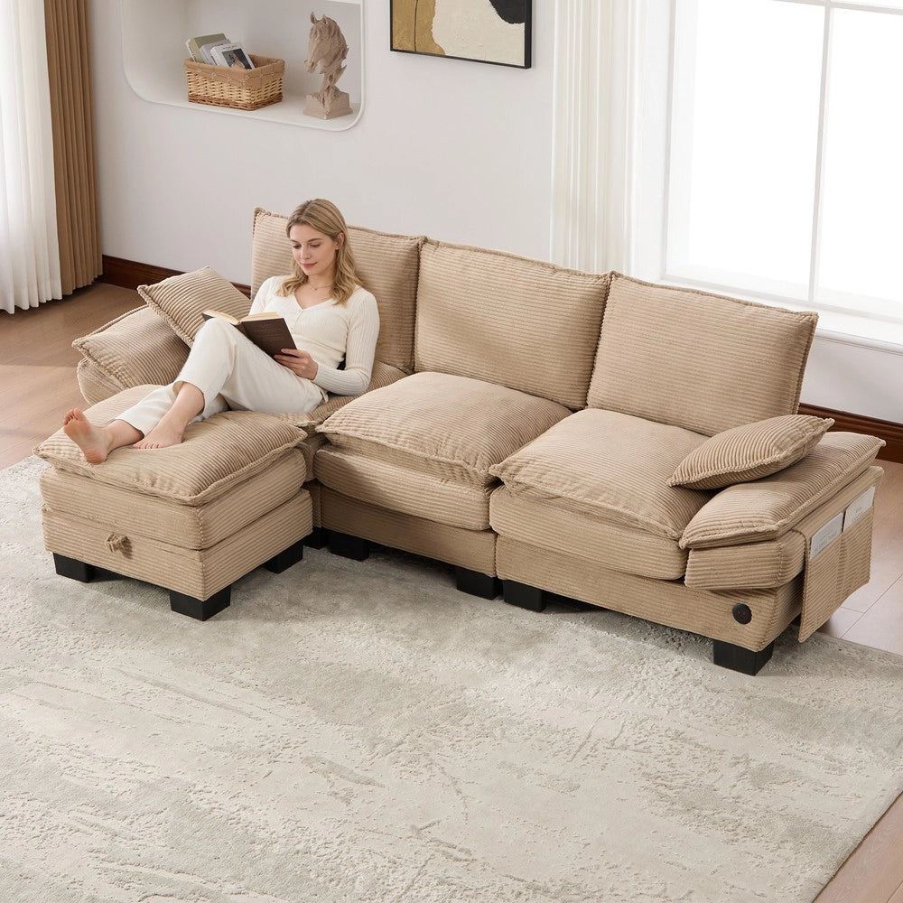 Divano 3 Posti con Poggiapiedi in Tessuto ¨C Xylo ¨C Beige/Khaki