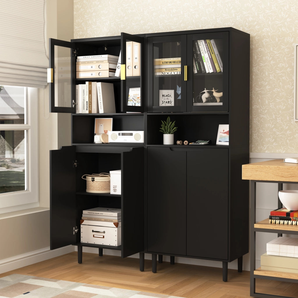 OKWISH Libreria Contenitore con Ante in Vetro Temperato e Ripiani, per Soggiorno Ufficio Bagno, MDF, Nero