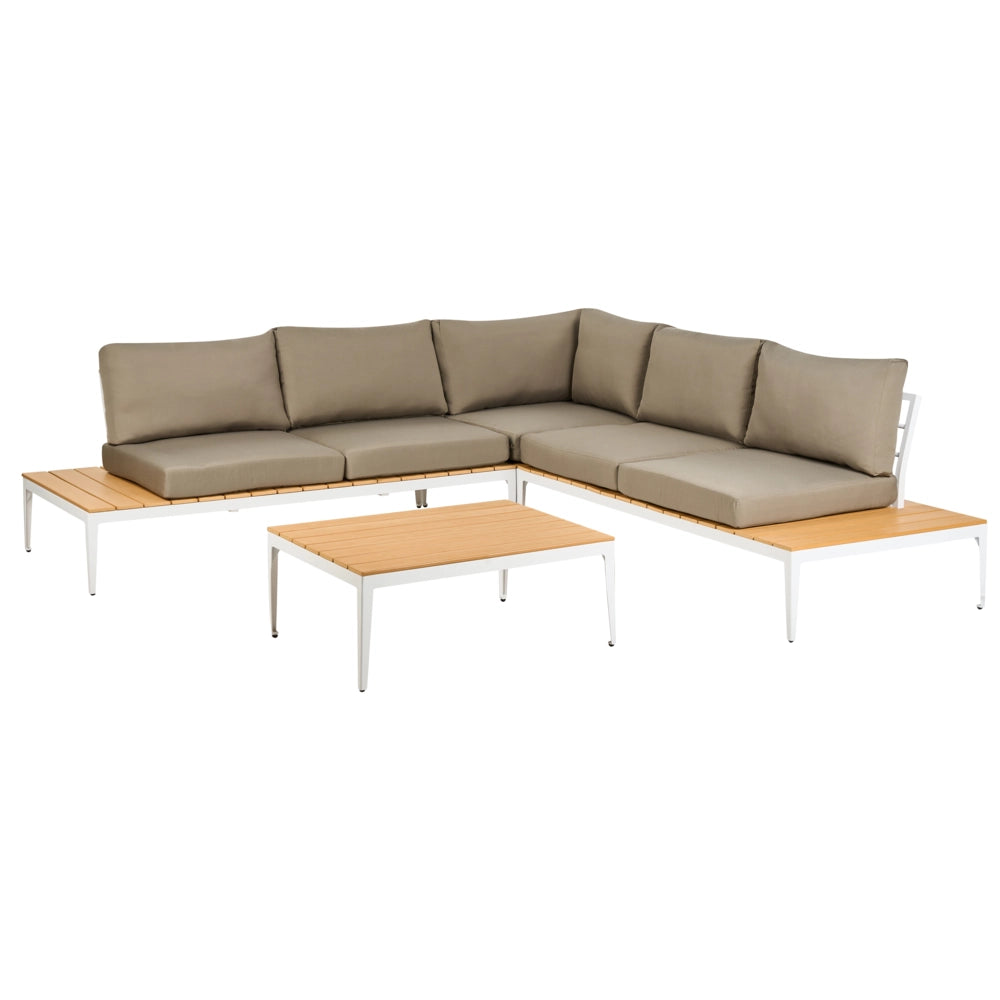 Set divano ad angolo da giardino cuscini grigi tavolo design a doghe set moderno da conversazione a 5 posti