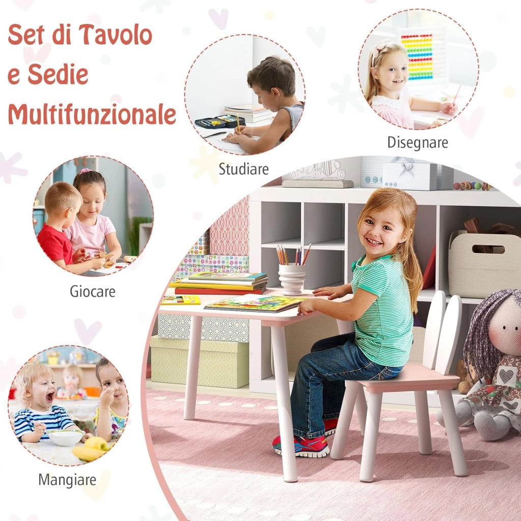 Tavolo Bambini con Sedie, Set Tavolo e Sedie in Legno per Bambini 3-6 anni con Schienale a Forma di Coniglio, Tavolino con Sedie per Giocare, Disegnare e Leggere, Capacità di 40 kg (Rosa)
