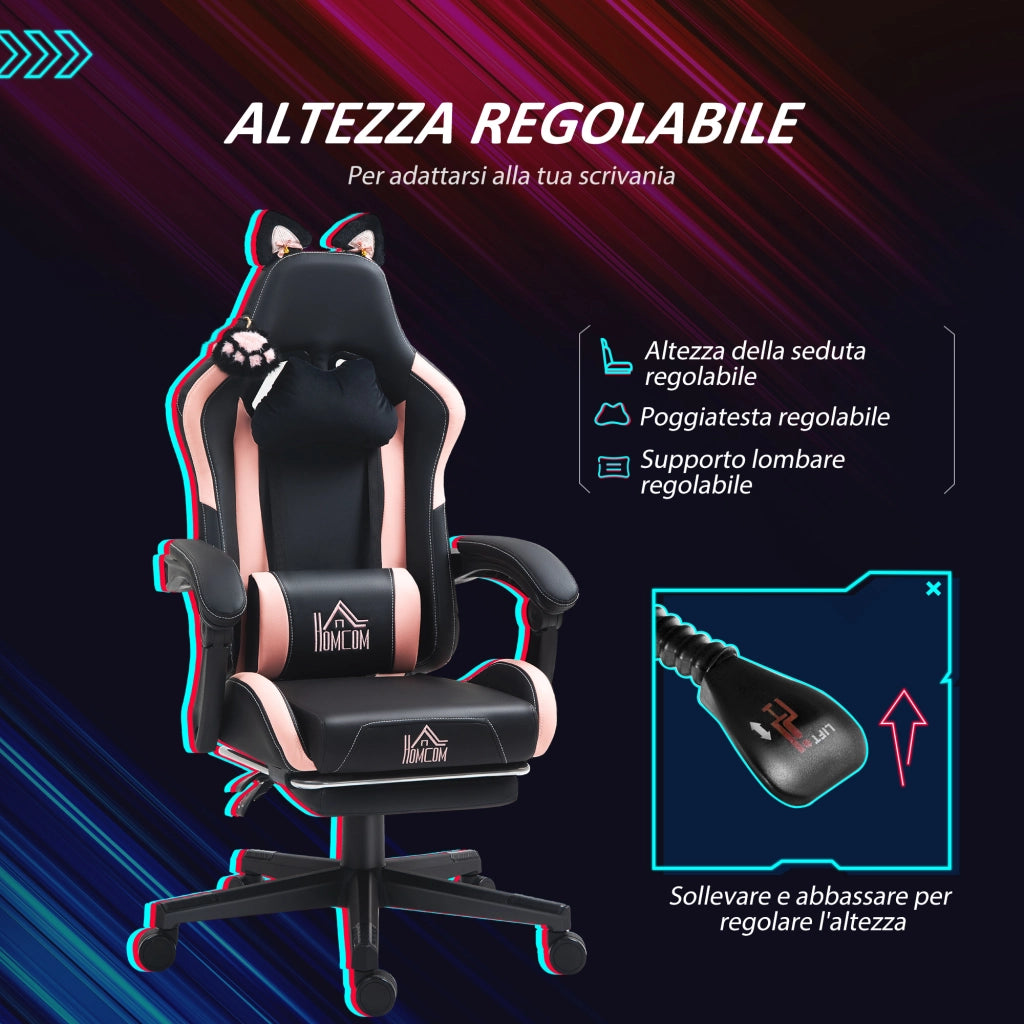 Sedia da Gaming Reclinabile con Poggiapiedi ¨C zephmum ¨C Finta Pelle Rosa e Nero, 65x62x116-124 cm