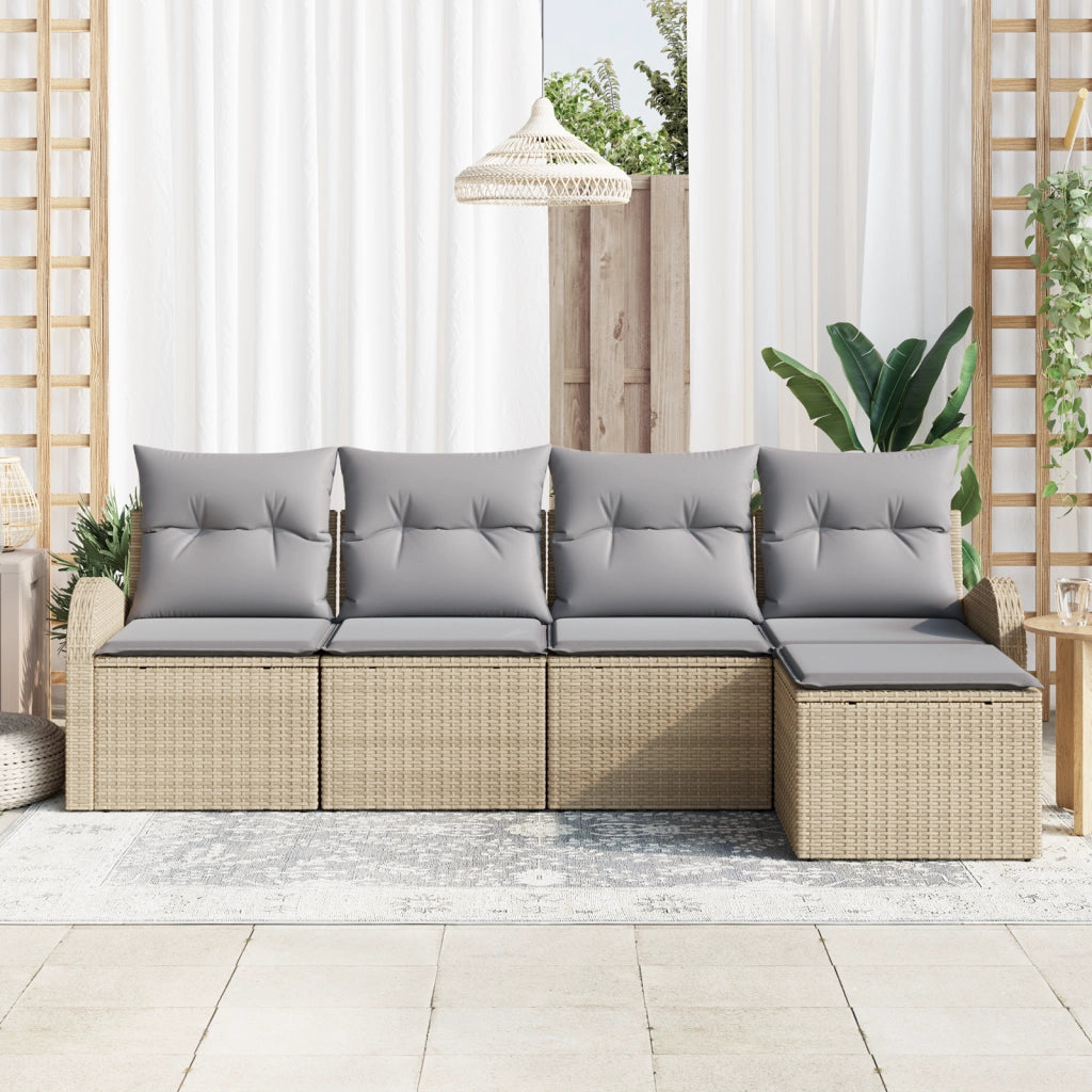 Set Divano da Giardino 5 Pezzi con Cuscini Beige Polyrattan