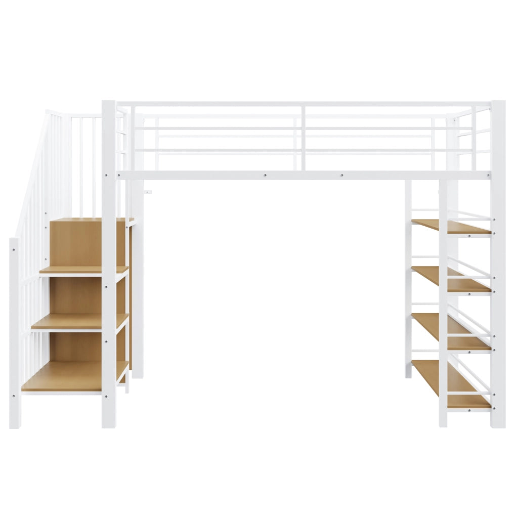LETTO a soppalco 90x200 cm con scala, armadio e ripiani, metallo bianco