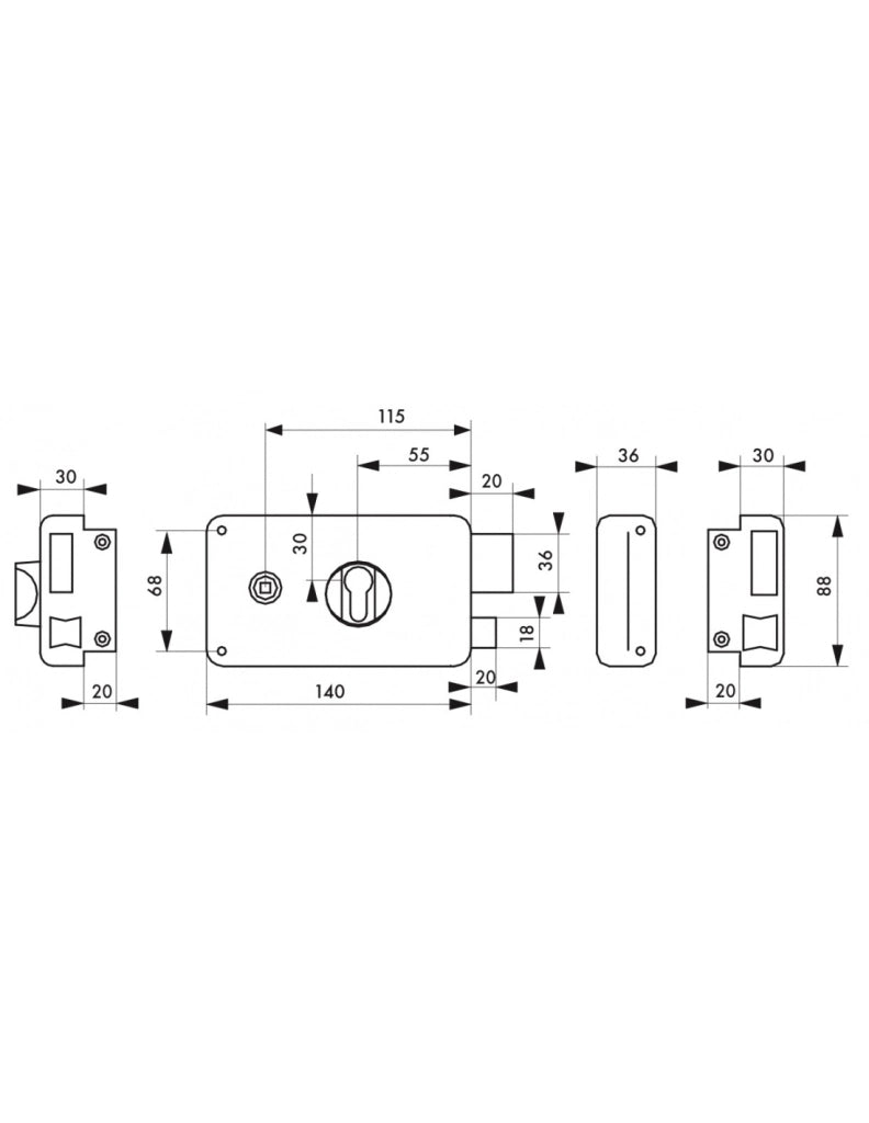Cassa serratura CP con quadro maniglia 140 x 88 mm, destra, versione a spingere – THIRARD