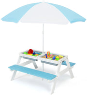 Set Tavolo e Sedie per Bambini da Giardino 3 in 1, con Ombrellone Rimovibile e Regolabile, Piano Rimovibile, Tavolo con Panche in Legno per Bambini da Interno Esterno (Blu e Bianco)