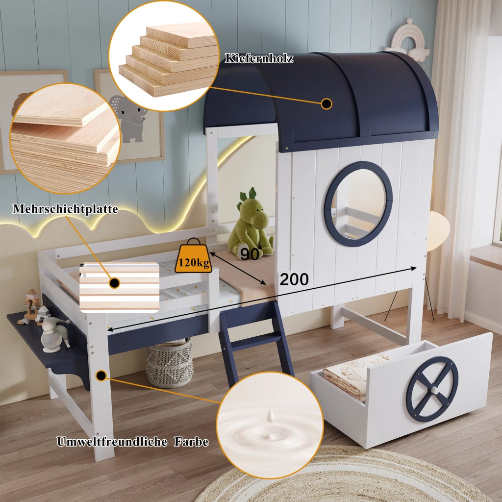 Letto a castello con tetto e finestre legno massello MDF compensato 90x200 cm