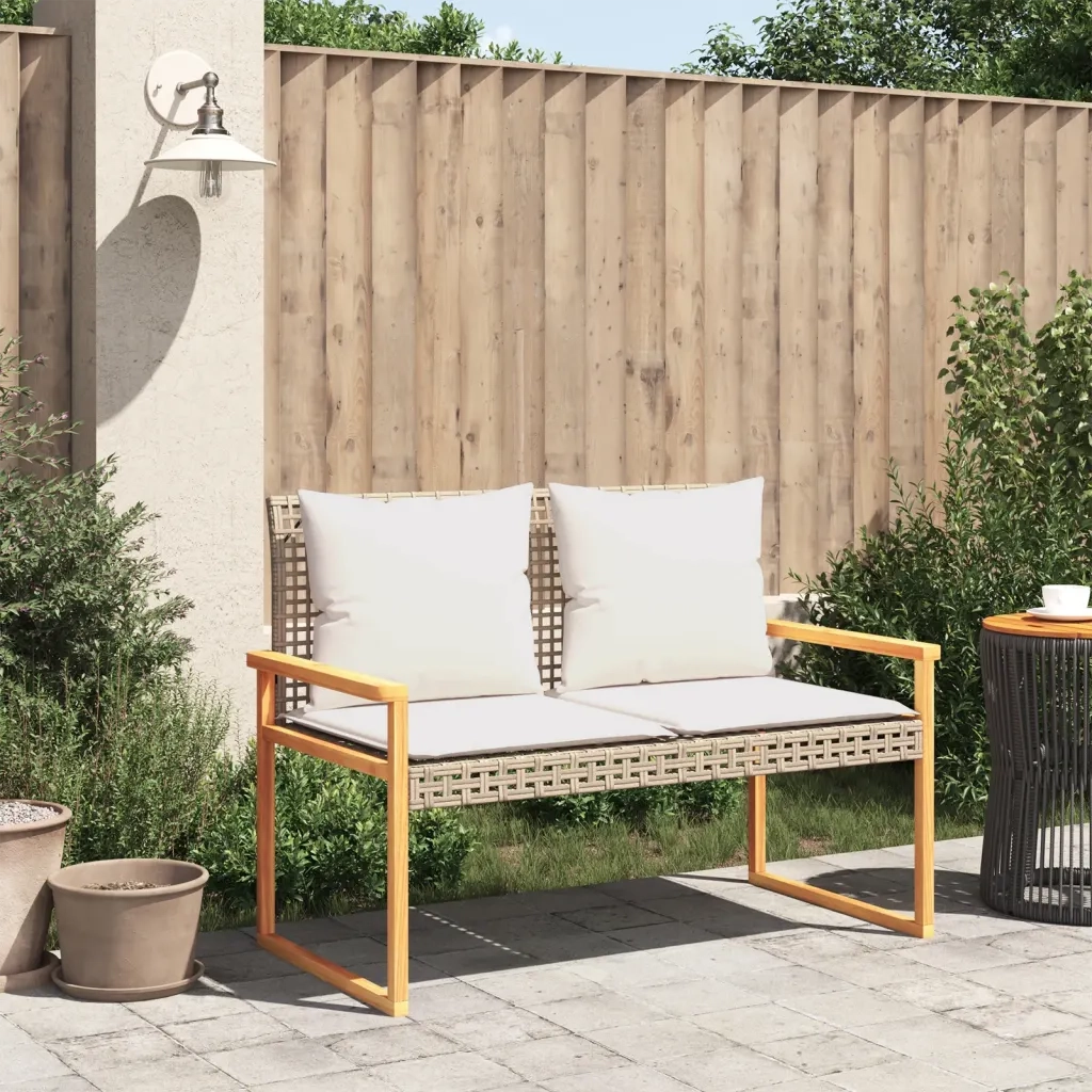 Panchina da Giardino | Panca da Giardino con Cuscino Beige Misto Polyrattan e Acacia