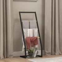 Portasciugamani a 4 Sbarre in Acciaio e Bambù, 40.5x28x98cm, Nero e color Legno