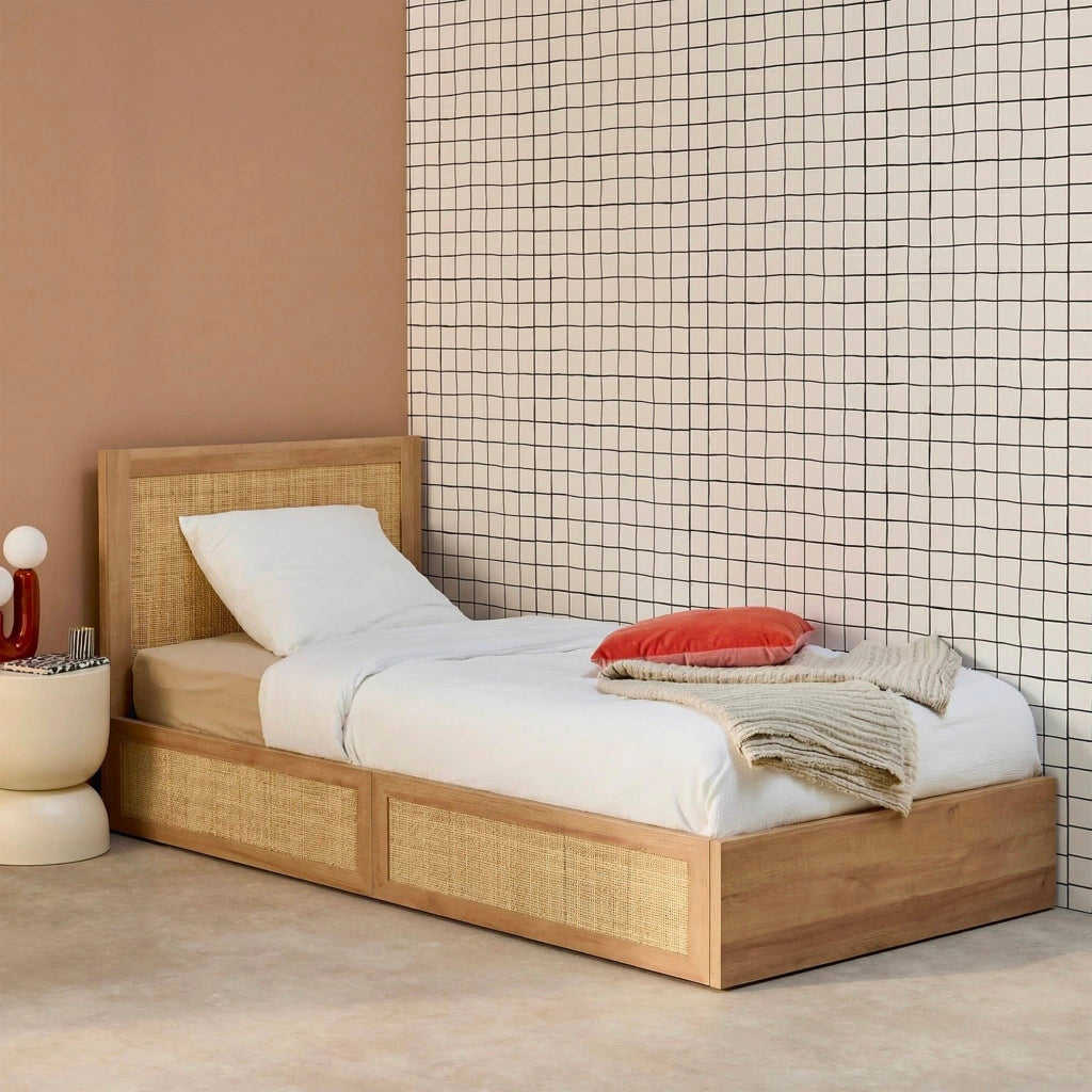 Letto bohemien con rete a doghe e testiera 90cm + 2 cassetti, marrone