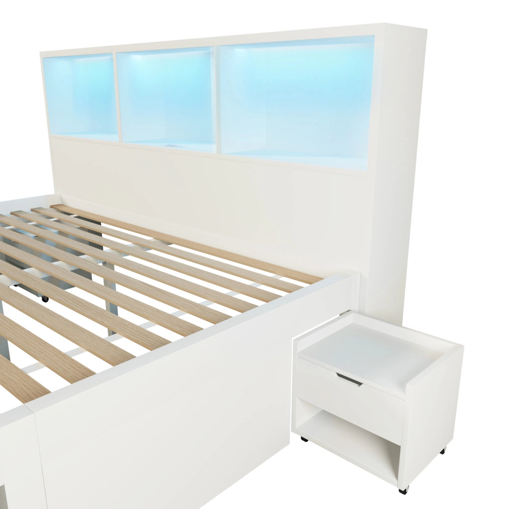Letto matrimoniale 140x190 cm bianco con comodini mobili, LED, USB-C e cassetto