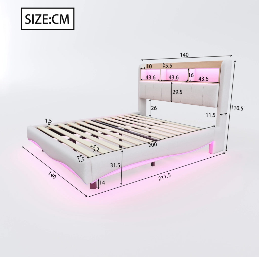 Letto imbottito sospeso 140x200 cm con LED; USB e Type-C; tessuto effetto lino; beige