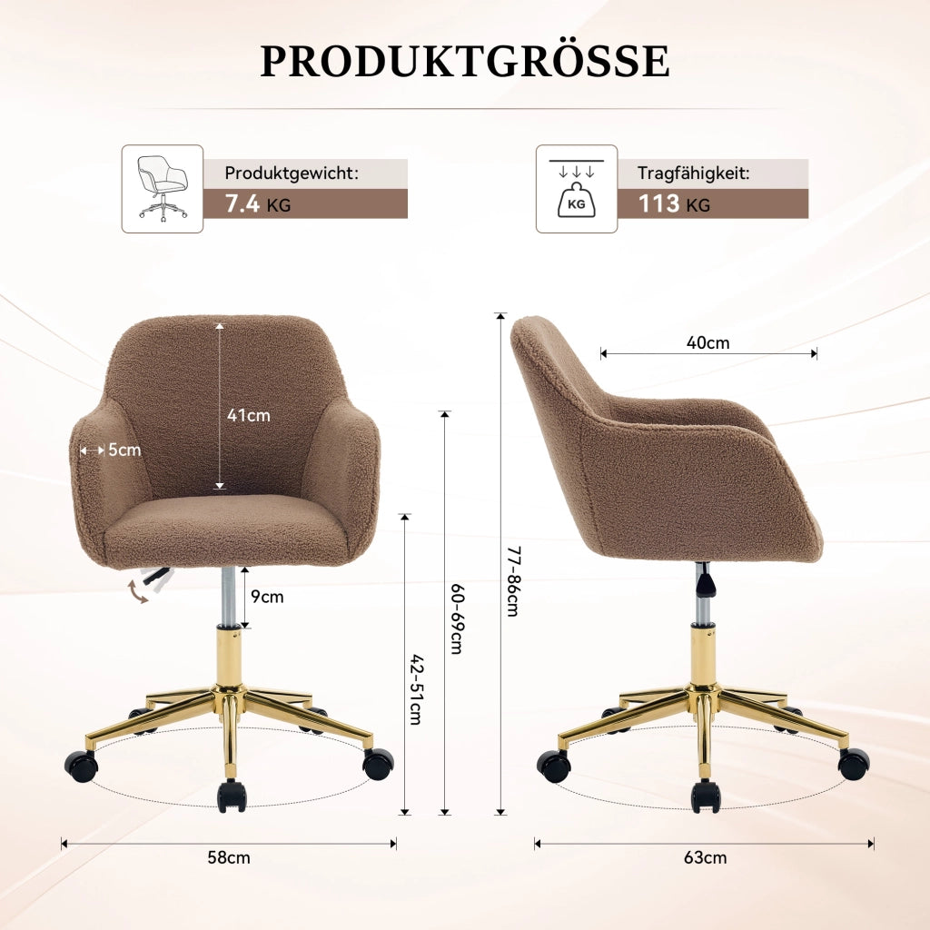 Sedia girevole da ufficio in tessuto Teddy marrone, regolabile in altezza, 360°, con base dorata e ruote universali