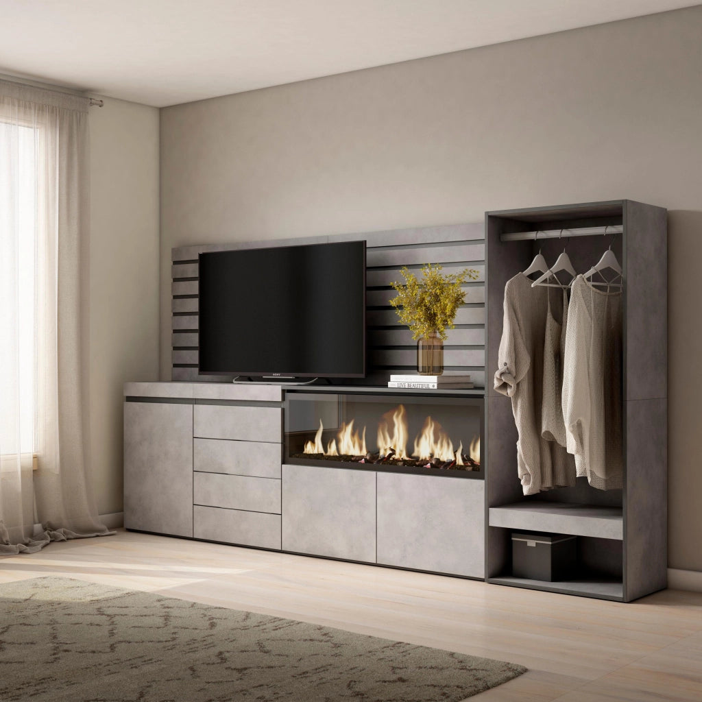Credenza, 274x35x145cm, Camera da letto, Camino elettrico XXL, Cassettiera, Armadio Aperto, grigio cemento RF3393