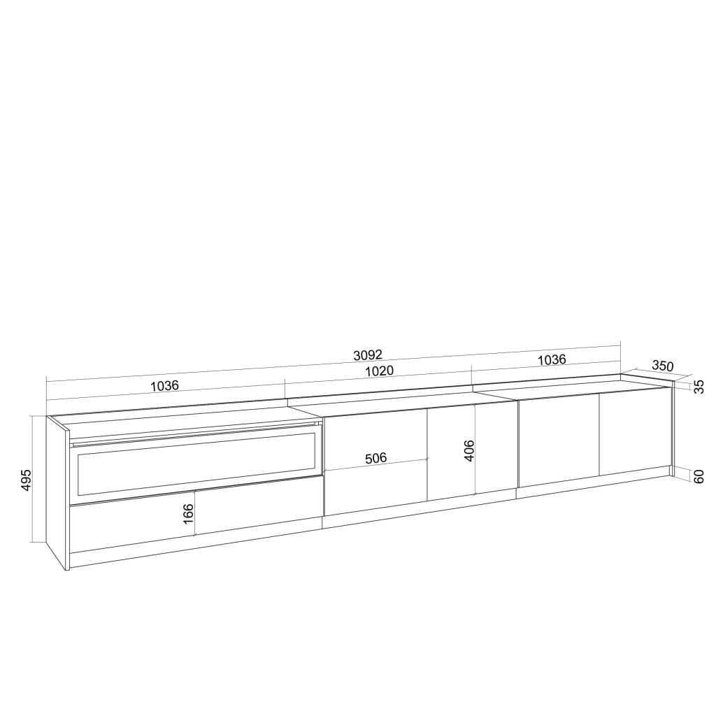 Mobile TV Soggiorno, 310x50x37 cm, Per TV fino a 80", Camino elettrico, LED, Rovere e nero