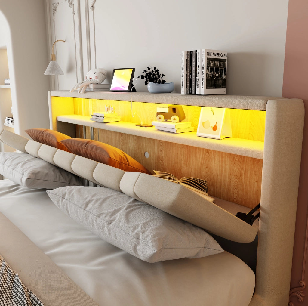 Letto imbottito beige con contenitore idraulico, LED e ricarica USB