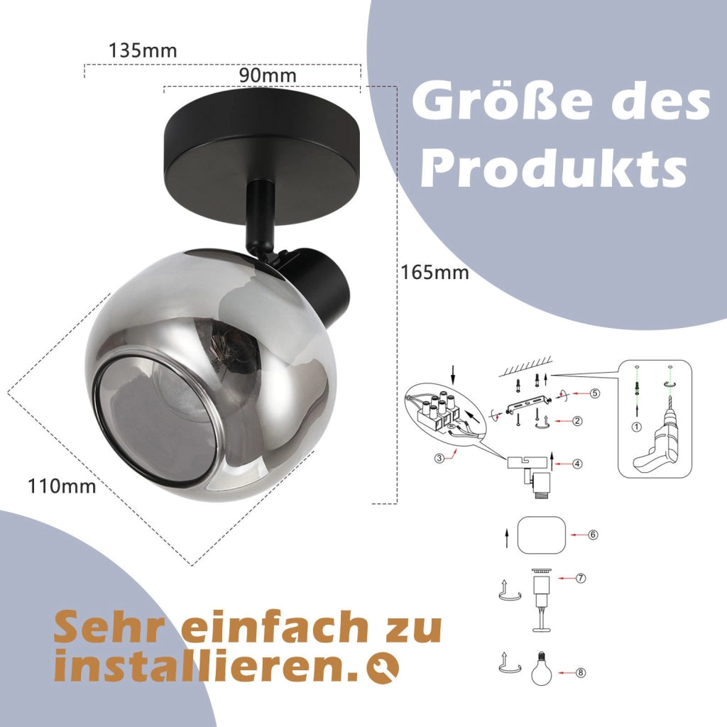 ZMH Faretto da soffitto vetro grigio fumé rotazione 350° vintage per soggiorno cucina