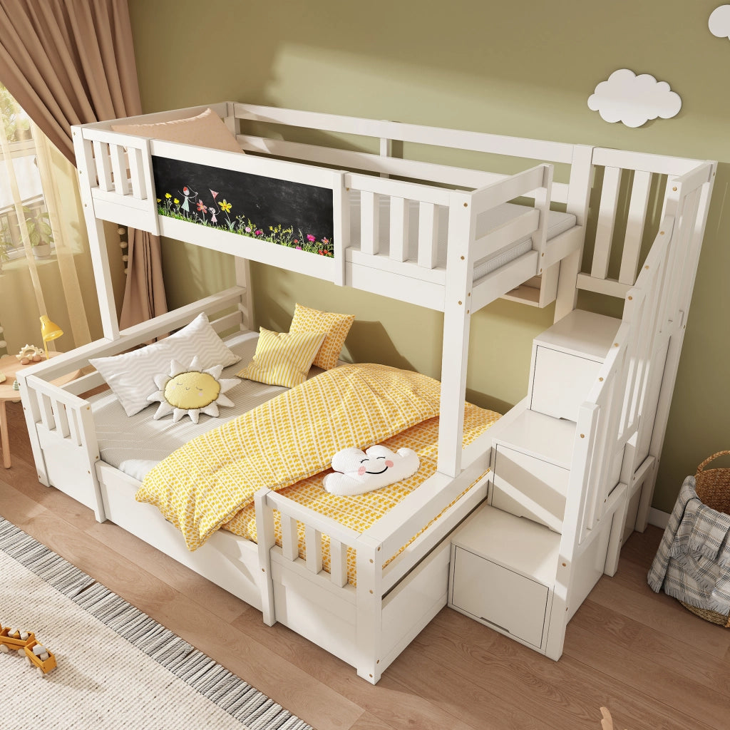 OKWISH Letto a Castello 90×200 cm e 140×200 cm, Letto 3 Posti con Contenitore, 2 Cassetti e Lavagna, senza Materasso, Bianco