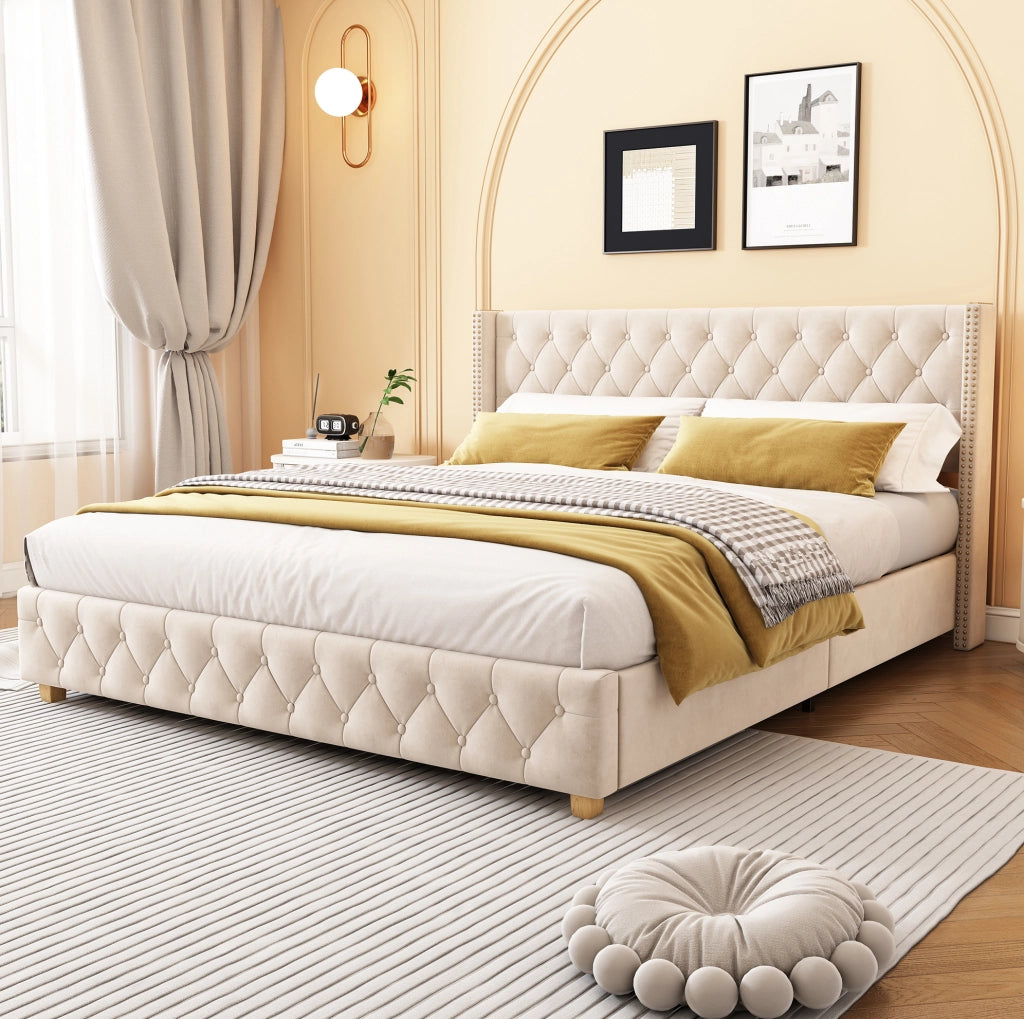 Letto imbottito 160x200 cm capitonn茅; velluto; beige chiaro (Senza materasso)