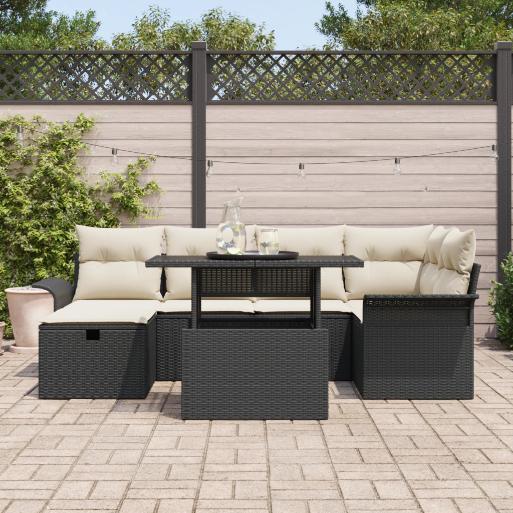 Set Divano da Giardino  7 Pezzi con Cuscini Rattan Polyrattan Nero