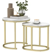 Set 2 Tavolini da Caffè con Piano Effetto Marmo, in Legno e Acciaio, Ø50x50.5 cm e 60x36x43.5 cm, Bianco