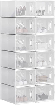 Set di 12 Scatole per Scarpe Contenitore Portascarpe Scarpiera Organizzatore Portaoggetti Impilabile Salvaspazio Coperchio Magnetico Plastica Trasparente Bianco 35x25x19cm