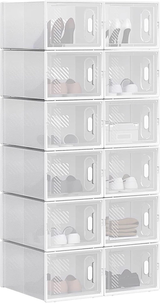 Set di 12 Scatole per Scarpe Contenitore Portascarpe Scarpiera Organizzatore Portaoggetti Impilabile Salvaspazio Coperchio Magnetico Plastica Trasparente Bianco 35x25x19cm