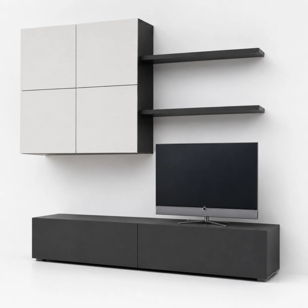 Parete Attrezzata Per Soggiorno Con Mobile Base TV 2 Ante Pensile 4 Ante E 2 Mensole Stile Contemporaneo In Melaminico Facile Da Pulire Bianco E Grigio Grafite