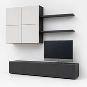 Parete Attrezzata Per Soggiorno Con Mobile Base TV 2 Ante Pensile 4 Ante E 2 Mensole Stile Contemporaneo In Melaminico Facile Da Pulire Bianco E Grigio Grafite